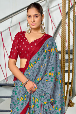 Grey Kkat Test Block Print Mulmul Cotton Sarees Saree With Blouse Piece
