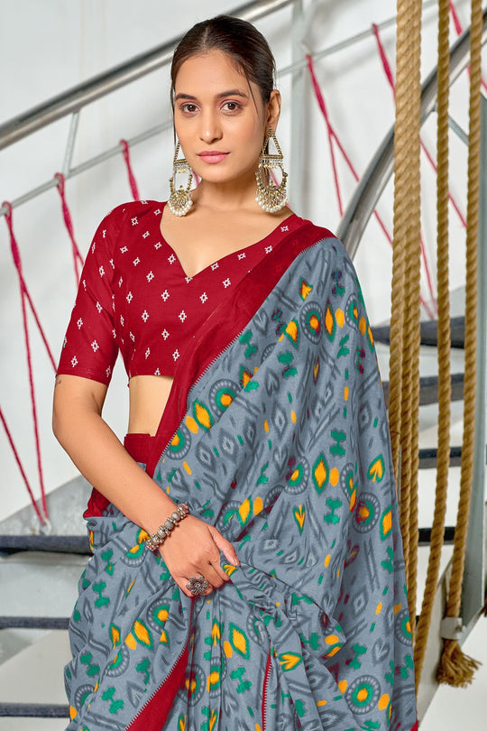 Grey Kkat Test Block Print Mulmul Cotton Sarees Saree With Blouse Piece