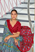 Grey Kkat Test Block Print Mulmul Cotton Sarees Saree With Blouse Piece