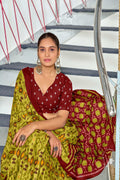 Lime Green Kkat Test Block Print Mulmul Cotton Sarees Saree With Blouse Piece