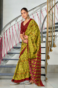 Lime Green Kkat Test Block Print Mulmul Cotton Sarees Saree With Blouse Piece