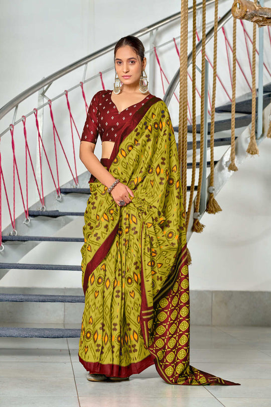Lime Green Kkat Test Block Print Mulmul Cotton Sarees Saree With Blouse Piece