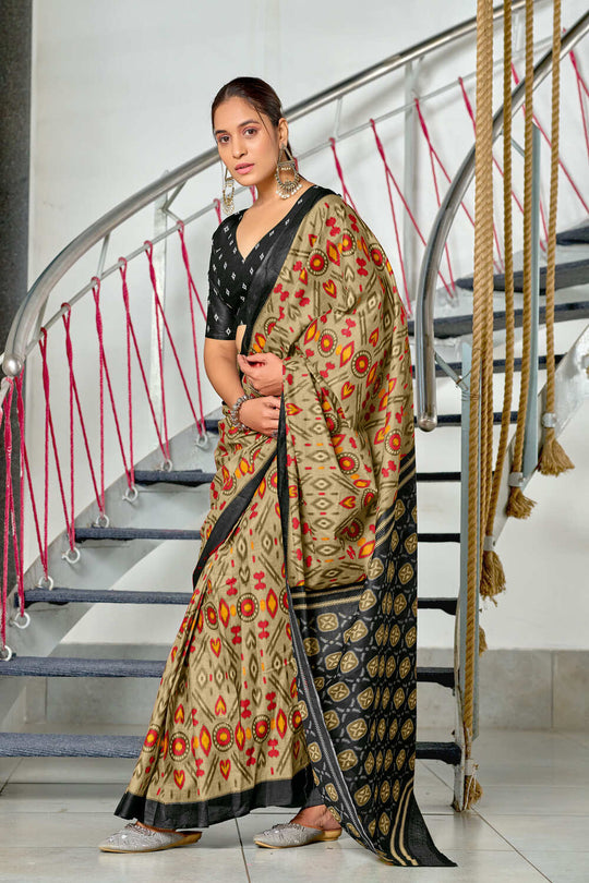 Beige Kkat Test Block Print Mulmul Cotton Sarees Saree With Blouse Piece