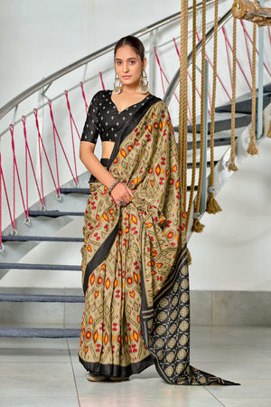 Beige Kkat Test Block Print Mulmul Cotton Sarees Saree With Blouse Piece