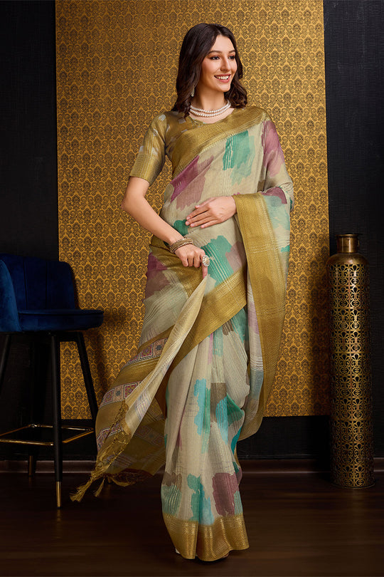 Beige Organza Saree With Blouse Piece