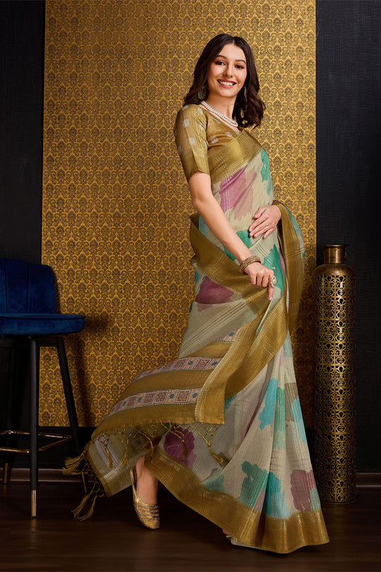Beige Organza Saree With Blouse Piece