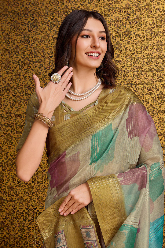 Beige Organza Saree With Blouse Piece