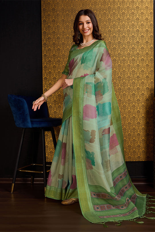 Pista Organza Saree With Blouse Piece