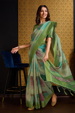Pista Organza Saree With Blouse Piece