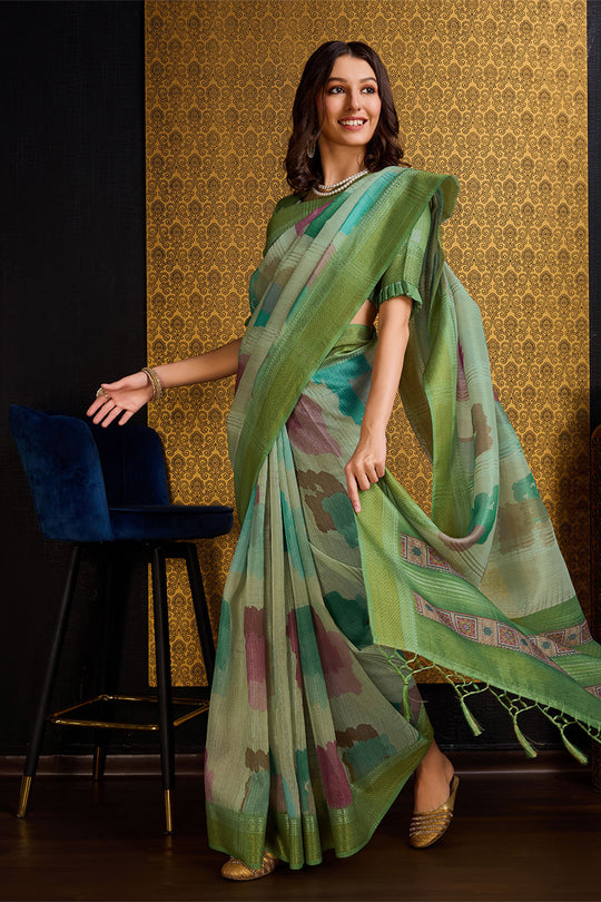 Pista Organza Saree With Blouse Piece