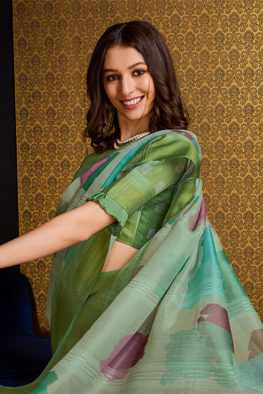 Pista Organza Saree With Blouse Piece