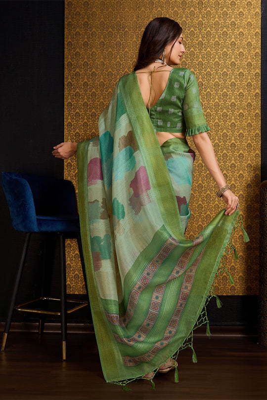 Pista Organza Saree With Blouse Piece