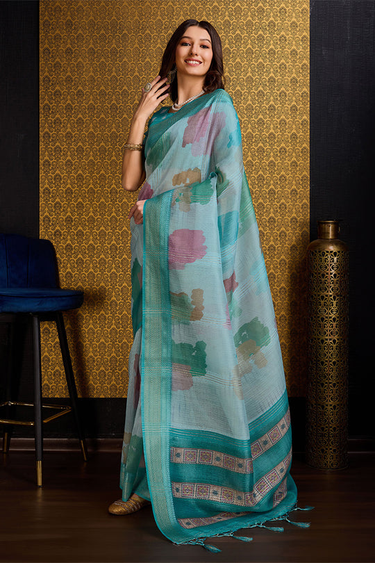 Teal Organza Saree With Blouse Piece