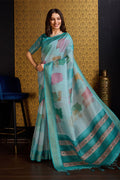 Teal Organza Saree With Blouse Piece