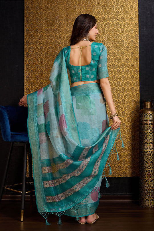 Teal Organza Saree With Blouse Piece