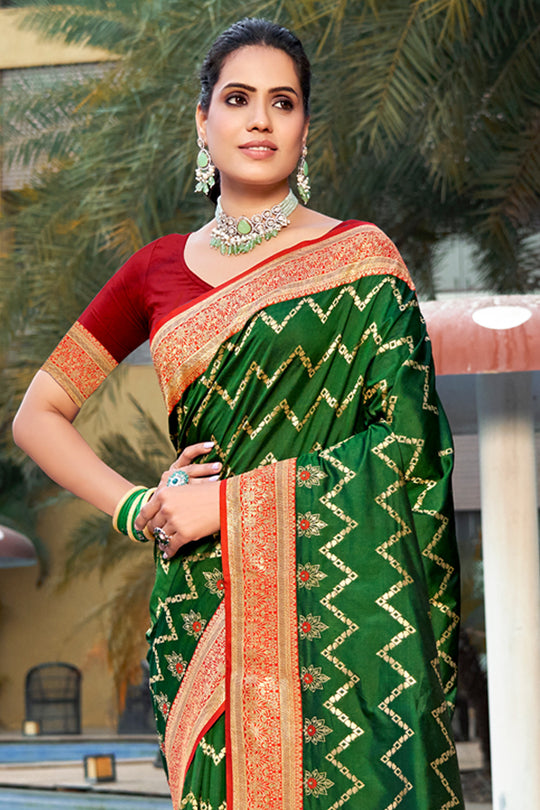 Green Banarasi Silk Saree With Blouse Piece