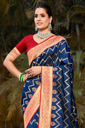 Blue Banarasi Silk Saree With Blouse Piece