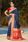 Blue Banarasi Silk Saree With Blouse Piece