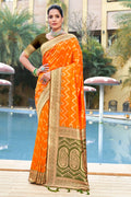 Orange Banarasi Silk Saree With Blouse Piece