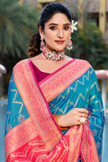 Sky Blue Banarasi Silk Saree With Blouse Piece