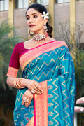 Sky Blue Banarasi Silk Saree With Blouse Piece