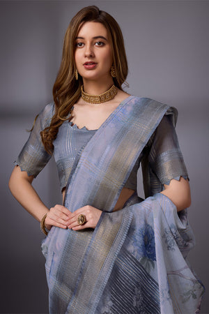 Blue Organza Saree With Blouse Piece