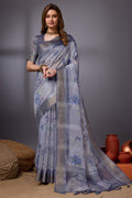 Blue Organza Saree With Blouse Piece