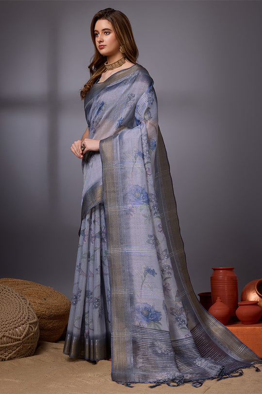 Blue Organza Saree With Blouse Piece