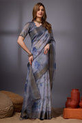 Blue Organza Saree With Blouse Piece