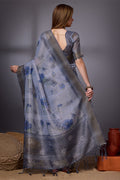 Blue Organza Saree With Blouse Piece