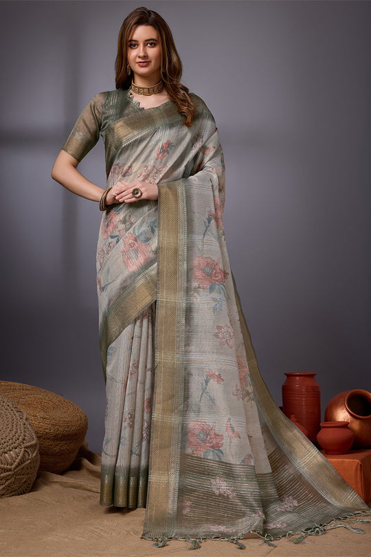 Grey Organza Saree With Blouse Piece