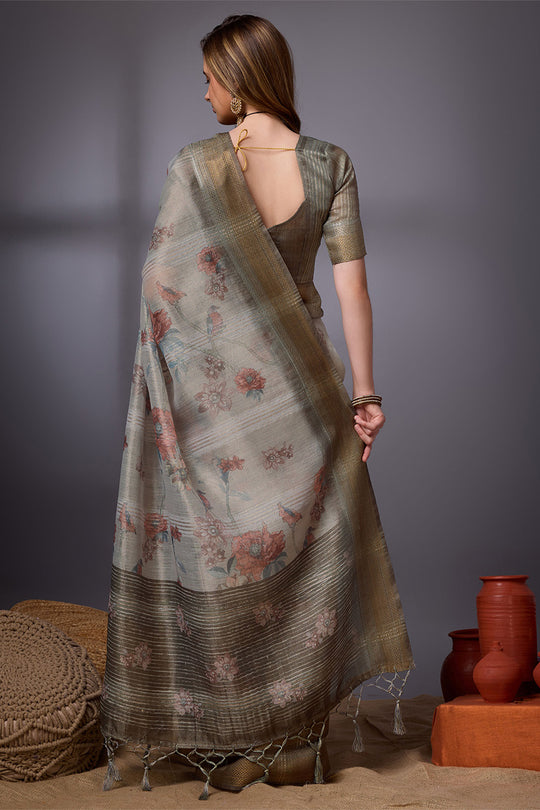 Grey Organza Saree With Blouse Piece
