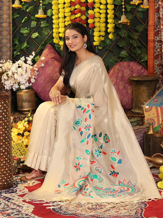 Cream Linen Cotton Saree With Blouse Piece