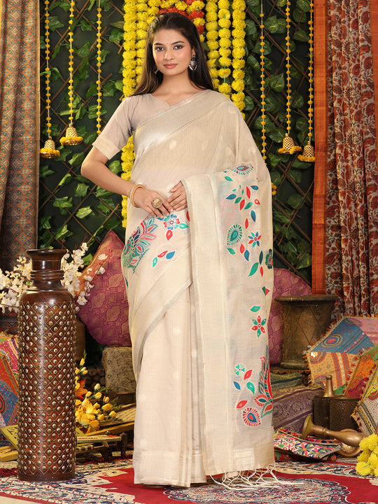 Cream Linen Cotton Saree With Blouse Piece