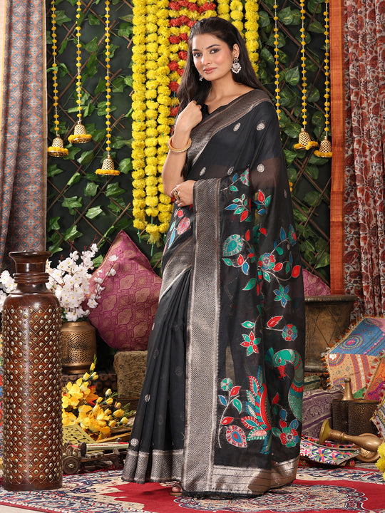 Black Linen Cotton Saree With Blouse Piece