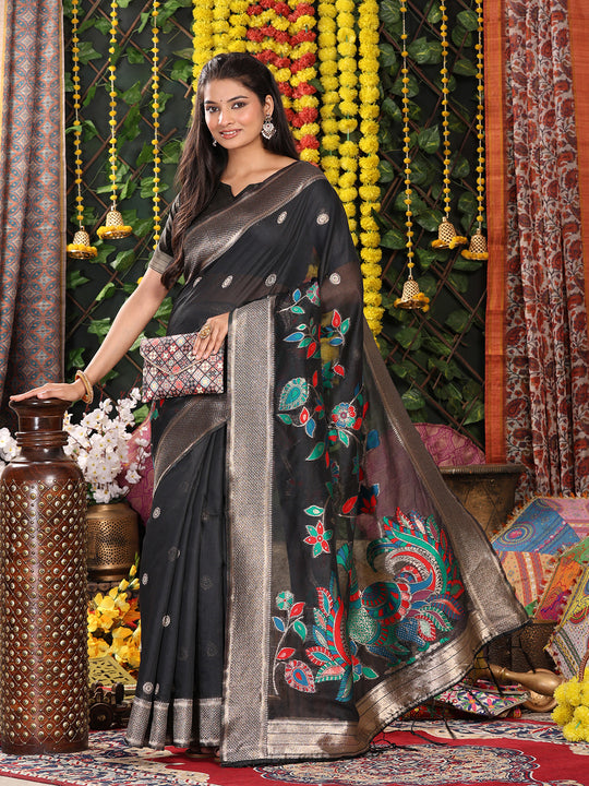 Black Linen Cotton Saree With Blouse Piece