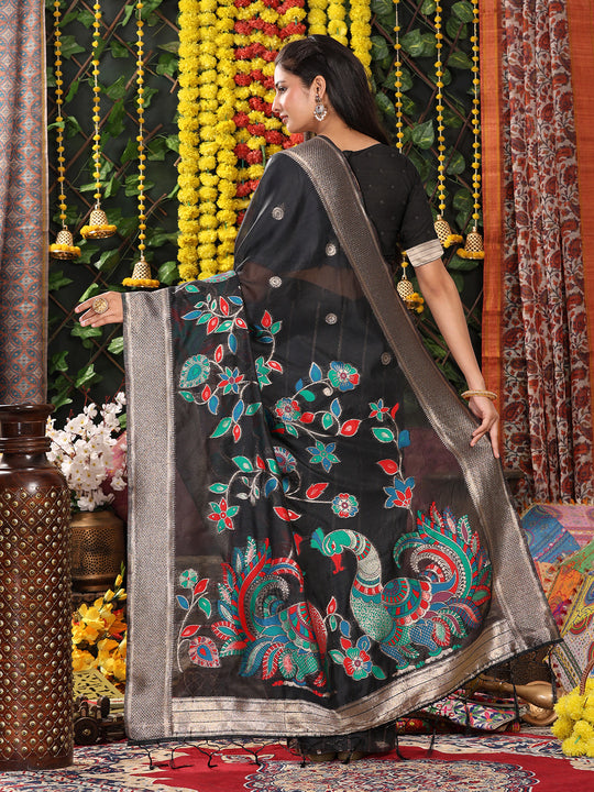 Black Linen Cotton Saree With Blouse Piece