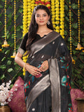 Black Linen Cotton Saree With Blouse Piece
