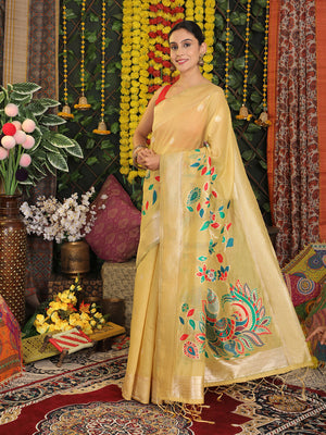 Yellow Linen Cotton Saree With Blouse Piece
