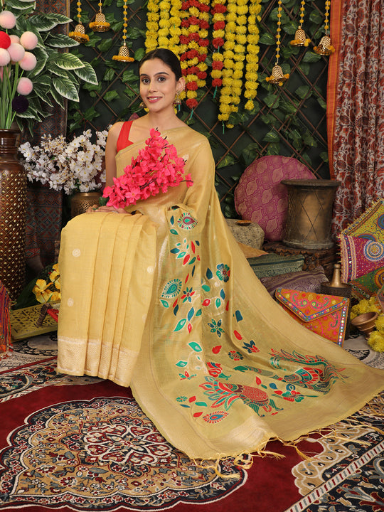 Yellow Linen Cotton Saree With Blouse Piece