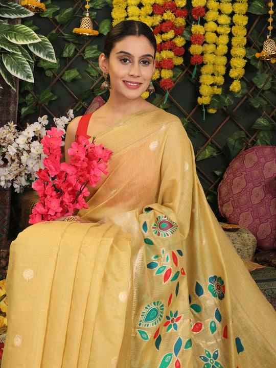 Yellow Linen Cotton Saree With Blouse Piece