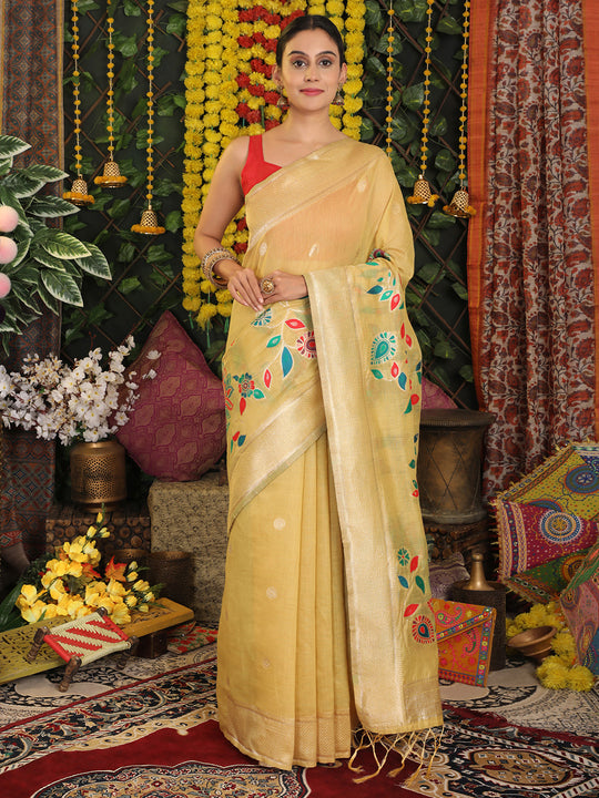 Yellow Linen Cotton Saree With Blouse Piece