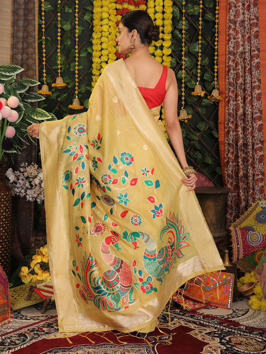 Yellow Linen Cotton Saree With Blouse Piece