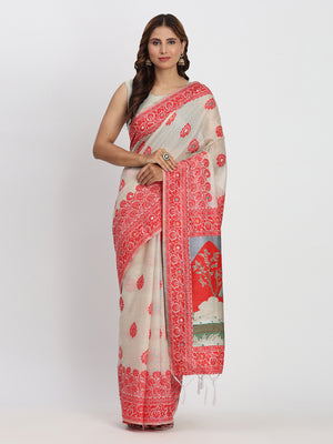 Cream & Red Linen Cotton Saree With Blouse Piece