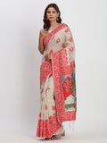 Cream & Red Linen Cotton Saree With Blouse Piece
