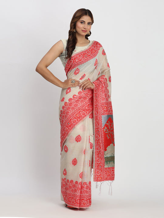 Cream & Red Linen Cotton Saree With Blouse Piece