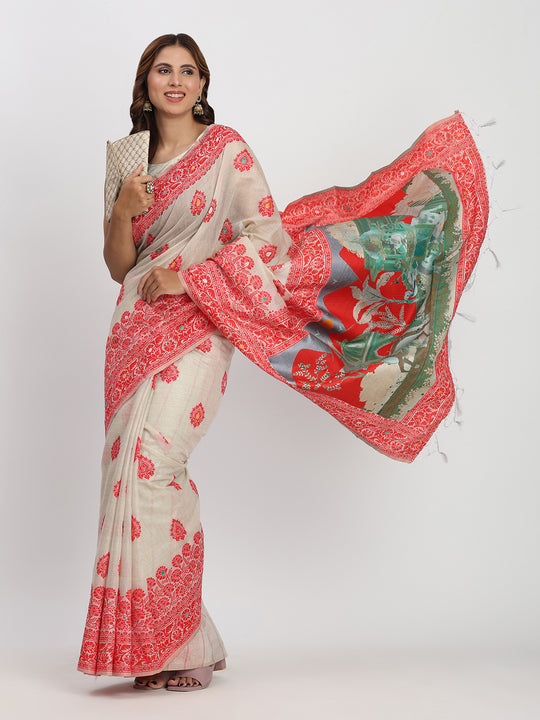 Cream & Red Linen Cotton Saree With Blouse Piece