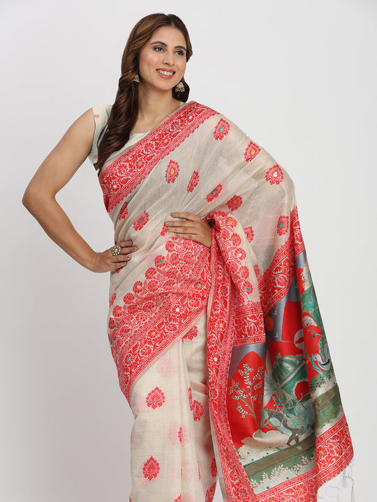 Cream & Red Linen Cotton Saree With Blouse Piece