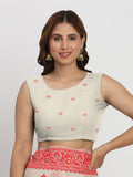 Cream & Red Linen Cotton Saree With Blouse Piece