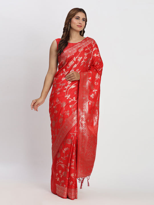 Red Banarasi Silk Saree With Blouse Piece